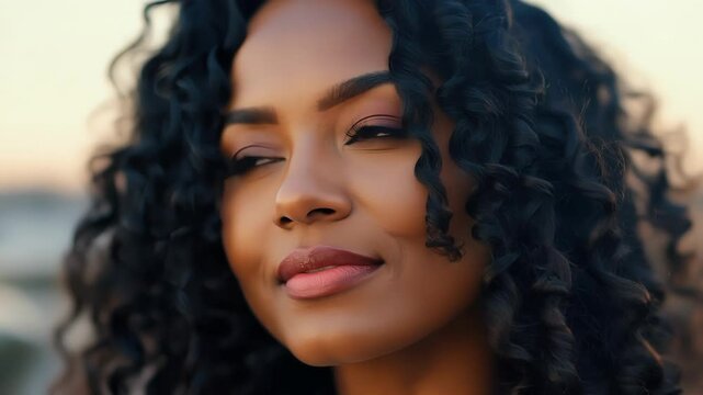 Closeup portrait of a woman with dark curly hair and a confident pose