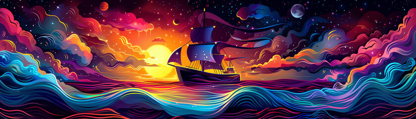 Naklejka premium A psychedelic delivery ship with vibrant, swirling patterns, floating in a surreal ocean of kaleidoscopic waves and colorful skies, Psychedelic, Illustration. Generative ai.