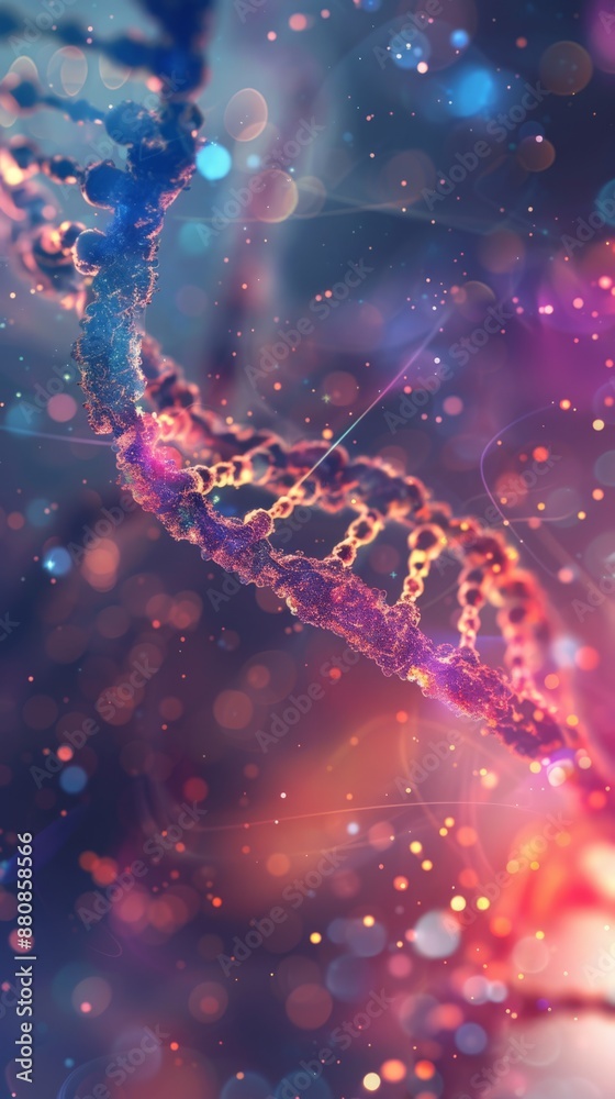Poster Close-up of a DNA strand with bright particles and a colorful bokeh background. Ideal for genetics.