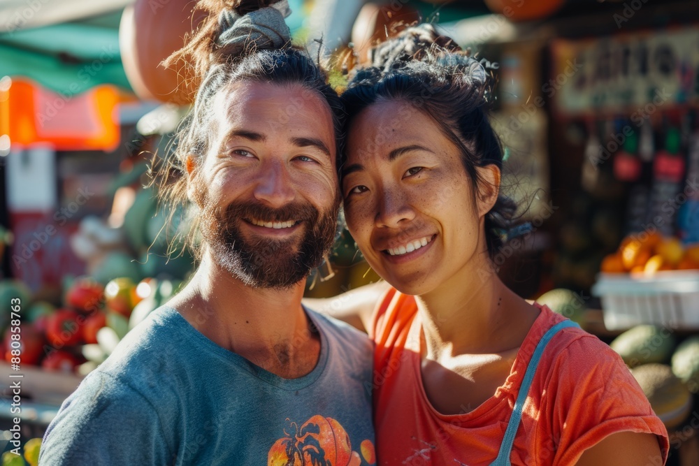 Poster Portrait of a blissful multiethnic couple in their 30s sporting a technical climbing shirt in vibrant farmers market