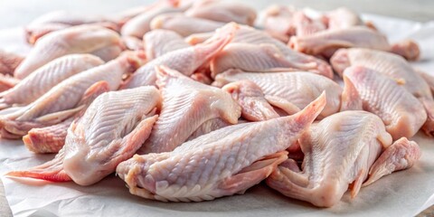 Freshly purchased raw chicken wings with skin on, scattered on a white surface, glistening with moisture, waiting to be cooked or seasoned for a savory meal.