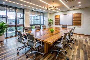 A modern conference room with a large wooden table, chairs, and a whiteboard, ready for a strategy discussion or corporate brainstorming session.