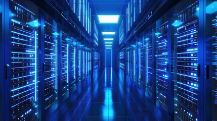 Fototapeta premium hightech server room interior with rows of equipment bluelit racks filled with servers switches and cables create a futuristic atmosphere of data processing power