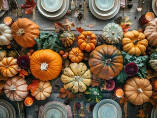 rustic harvest table adorned with diverse pumpkin varieties warm autumnal hues scattered fall leaves and seasonal decorations creating cozy ambiance