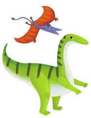 cartoon happy and funny colorful prehistoric dinosaur dino plateosaurus and quetzalcoatlus pterodactyl rhamphorhynchus bird flying isolated illustration for children © honeyflavour