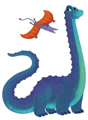 cartoon happy and funny colorful prehistoric dinosaur dino brachiosaurusand quetzalcoatlus pterodactyl rhamphorhynchus bird flying isolated illustration for children © honeyflavour