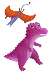 cartoon happy and funny colorful prehistoric dinosaur dino tyrannosaurus and quetzalcoatlus pterodactyl bird flying isolated illustration for children