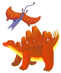 cartoon happy and funny colorful prehistoric dinosaur dino stegosaurus and quetzalcoatlus pterodactyl bird flying isolated illustration for children © honeyflavour