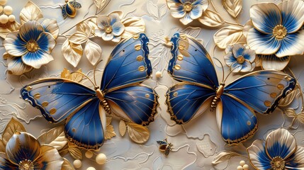 Elegant Blue and Gold Butterflies on Embossed Background