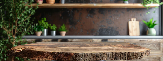 A rustic wooden table with an empty tree stump design in a cozy kitchen setting.