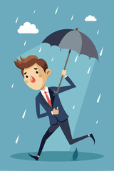 Frustration in the Rain: Wet Businessman Struggles with Broken Umbrella, Symbolizing Useless Effort and Disappointment