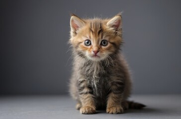 Obraz premium Fluffy brown tabby kitten with big eyes sitting on gray background