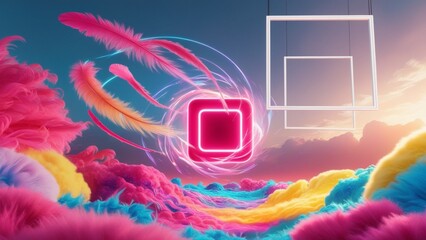 looping 3d animation. Abstract neon background with glowing square shape and spinning cloud. Blank geometric frame in the sky