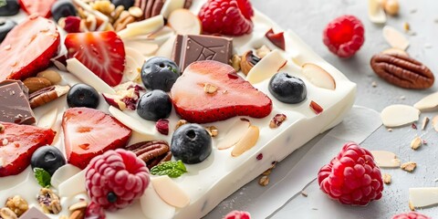 Yogurt bark with white chocolate nuts berries and granola nutritious dessert slices. Concept Healthy Desserts, Yogurt Recipes, Nutritious Snacks, Granola Treats, Sweet Indulgences