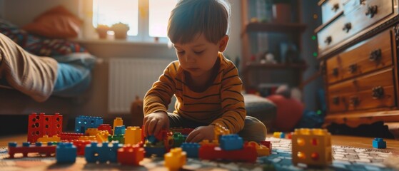 A young boy in a striped shirt plays with building bricks on the floor, basking in the warm glow of the room. His absorption in the activity showcases the simple joys of childhood.