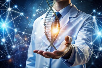A futuristic doctor's icon hand touches a glowing DNA helix, surrounded by a modern digital interface and network connections, representing healthcare innovation.