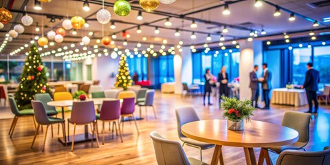 Vibrant blurred background of office party atmosphere with Empty space where people typically gather, chairs, tables, and decorations in an upscale office center setting.