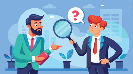 Suspicious businessman analyzes partner with magnifying glass, questioning transparency and trust in business relationship, concerned about potential fraud