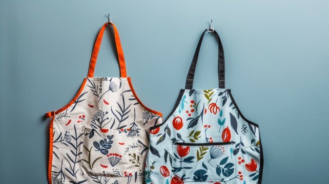 Two colorful aprons with floral patterns hanging on wall