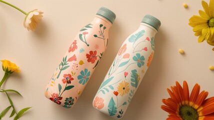 Two floral bottles with pastel colors and flowers, set among various flowers on light background