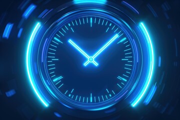 Glowing neon line with speedometer speed time clock icon in blue neon style. modern conceptual design background