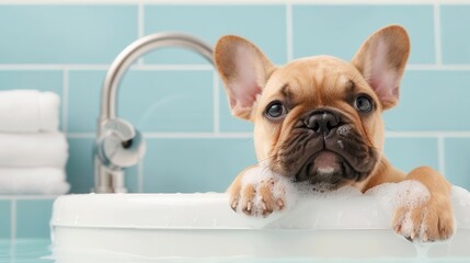 French Bulldog puppy enjoying a warm bath in a cozy bathroom, emphasizing wellness and care, puppy focus, wellness concept