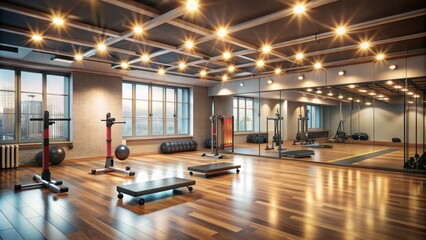 Empty gym studio with exercise equipment and mirrors, spotlight shining down, awaiting a fitness instructor to lead a high-energy group workout session.