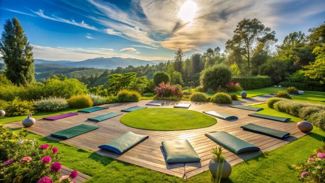 Serene outdoor setting with yoga mats placed in a circular pattern, surrounded by lush greenery and flowers, under a clear blue sky with few clouds.