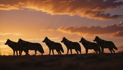 wolf pack moving side by side at the foggy wild life
