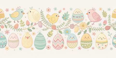 Whimsical hand-drawn Easter eggs and chicks adorn a soft pastel banner with gentle color palette and delicate illustrations, perfect for spring celebrations.