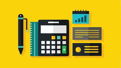 Crunching Numbers: A Flat Lay Composition of Black Pen and Calculator on Vivid Yellow Background for Financial Calculations and Analysis