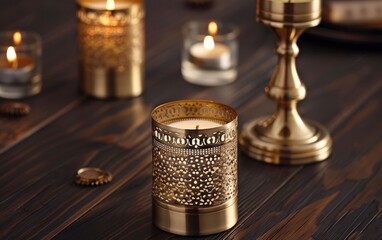 Ornate gold candle holder with a burning candle on a wooden table surrounded by other candles and decor.