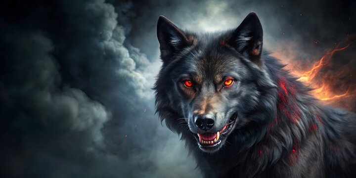 Menacing black wolf with razor sharp teeth and glowing red eyes dwells in a dark, smoky atmosphere, surrounded by a mysterious black background with ample copy space.