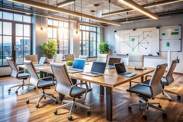 Collaborative workspace with laptops and whiteboard filled with technical diagrams, surrounded by empty chairs, conveying effective team management and leadership in tech industry.