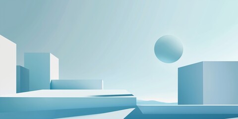 A minimalistic futuristic cityscape in blue hues with geometric shapes and a serene atmosphere.