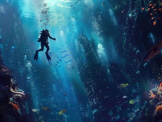 surreal underwater cityscape with bioluminescent creatures scuba diver exploring alien coral formations