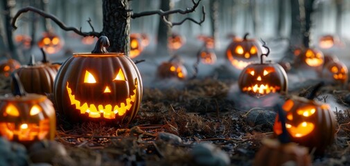 Obraz premium Spooky Jack-o-lanterns glowing in a misty forest.