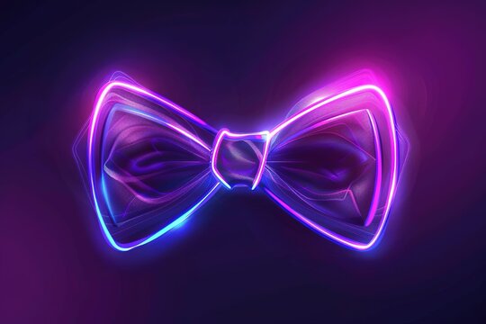Neon bow tie in purple and violet color. elegant design of neon bow knot consisting of outlines, with backlight on the bright background - Powered by Adobe