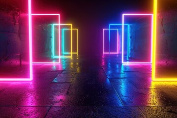 neon light shapes on black background,rainbow colors, 3d rendering,conceptual image