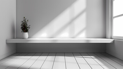 Obraz premium Minimalistic interior with a small potted plant on a white shelf by a sunny window.