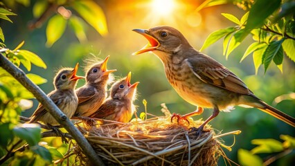 Adorable bird parent lovingly feeds its chirping chicks Mouthful of worms in a cozy nest surrounded by twigs and soft feathers under warm sunlight filtering through.