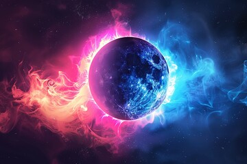 Obraz premium Sun Eclipse with Pink and blue Fire on bright Background, elegant. Moon Design with Glowing Light. Space and Science concept