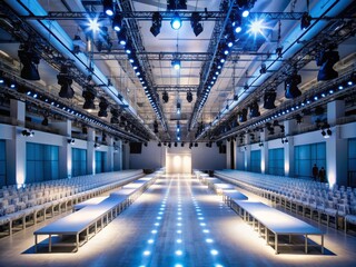 Naklejka premium Glamorous vacant runway illuminated by modern lights awaits models, surrounded by tiered seating and stylish decor, perfect for high-end fashion event photography.