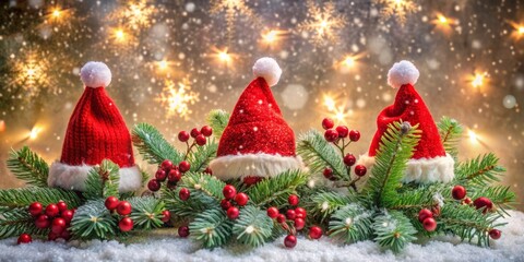 Vibrant red Santa hats adorned with snowflakes and holly surround a sparkling Christmas tree, radiating warmth and festive joy in a cozy winter wonderland setting.