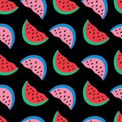 Watermelon seamless pattern. Colored watermelon on a black background. Summer vector illustration for fabric, background, cover, case, wrapping paper