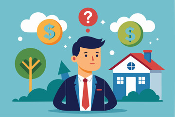 Businessman contemplates decision between paying off mortgage or investing in stock market for maximum profit and financial benefit