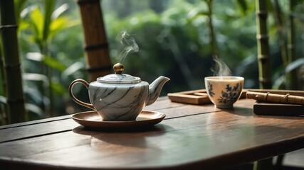 marble tea pot pouring warm tea into a teacup on a mar background