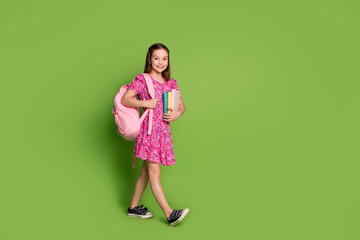 Full size photo of cute schoolgirl walk empty space wear pink dress isolated on green color background © deagreez
