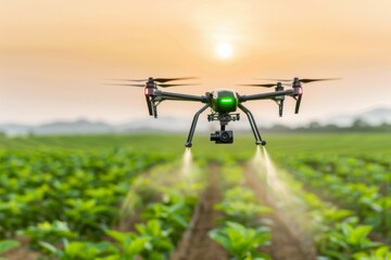 Agricultural Drone Spraying Fertilizer on Crop Field at Sunrise