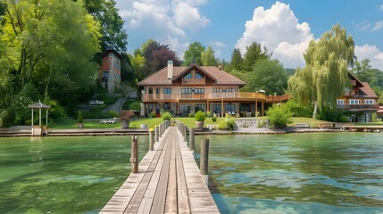 Fototapeta premium Wooden Bridge Leading to Lakeside Mansion
